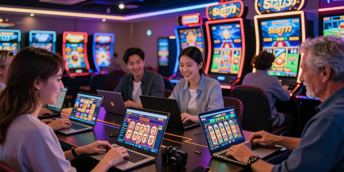 Players engaging with situs slot games on laptops and tablets in a vibrant online casino setting.