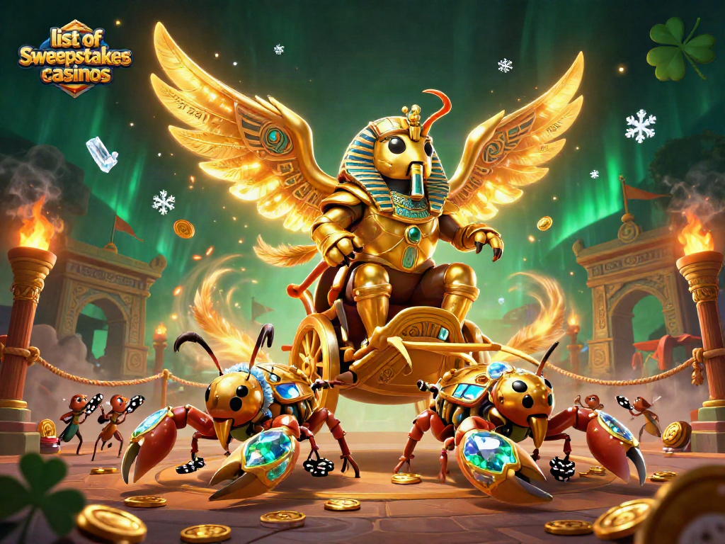 Experience the thrill at the list of sweepstakes casinos with stunning visuals of a colossal scarab beetle and scorpions.