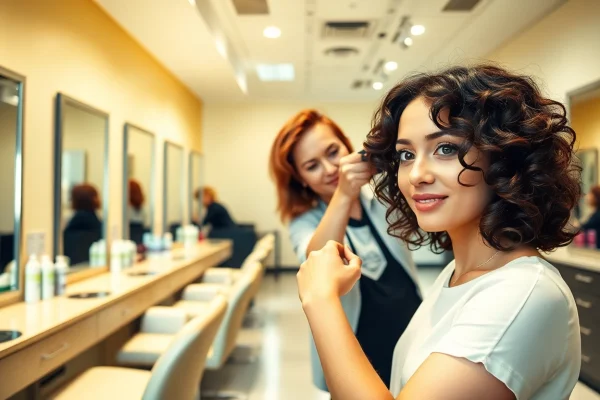 Perm san diego: A skilled stylist applying a trendy perm in a modern salon with Aveda products.
