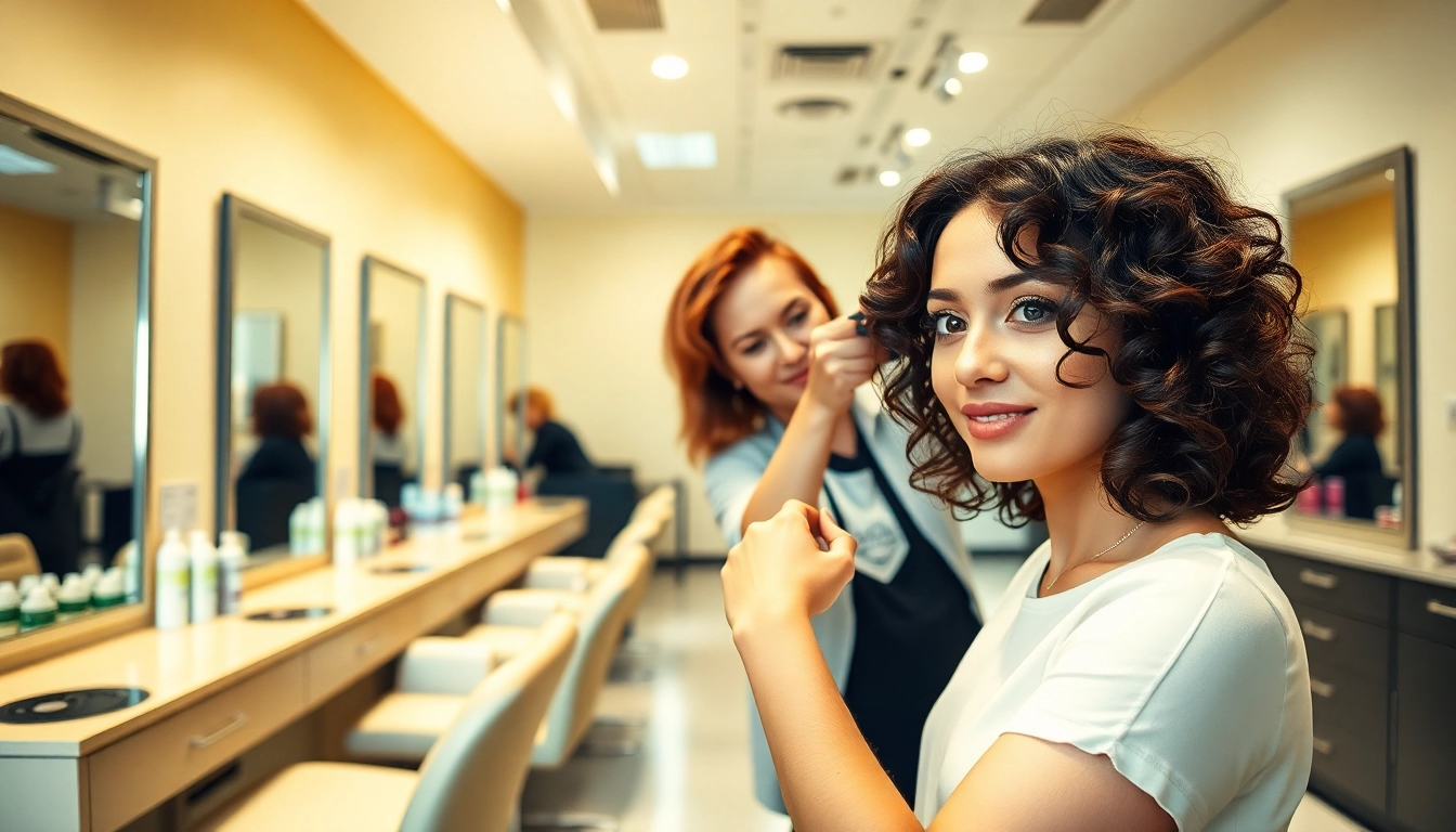 Perm san diego: A skilled stylist applying a trendy perm in a modern salon with Aveda products.