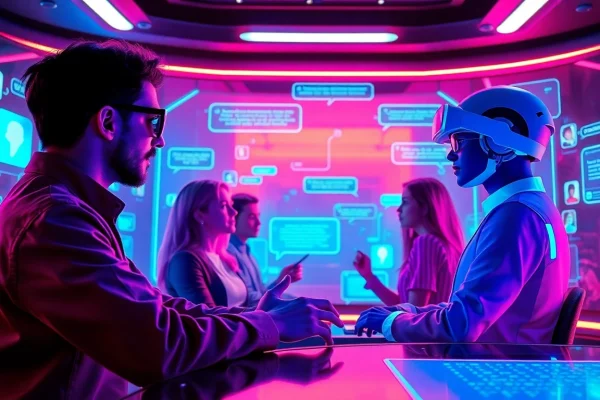 Engaging AI chat scene illustrating crush on ai interactions with futuristic characters.