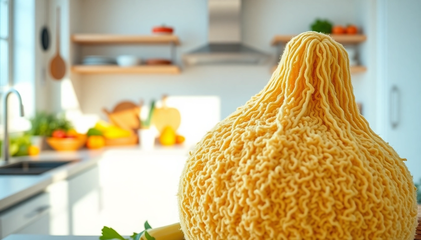 Highlighting the kitchen loofah benefits in a bright kitchen setting with fresh produce.