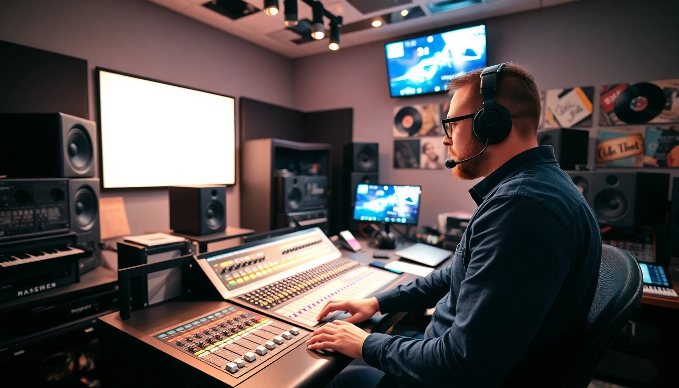 Showcasing online mastering services with a professional audio engineer in a vibrant studio.