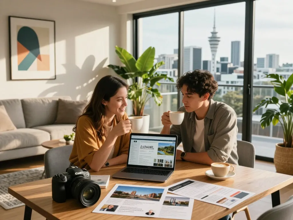 Auckland lifestyle scene showcasing airbnb management auckland with hosts reviewing their rental strategy in a stylish apartment.