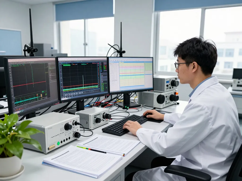 Engineer conducting RF testing analysis in a high-tech lab using advanced equipment and monitoring software.