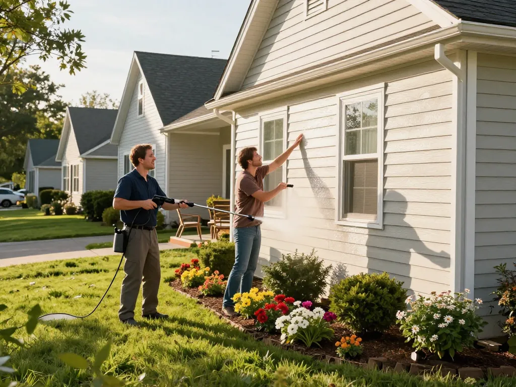 Soft washing services Atlanta revitalizing home exterior with bright siding and blooming garden.