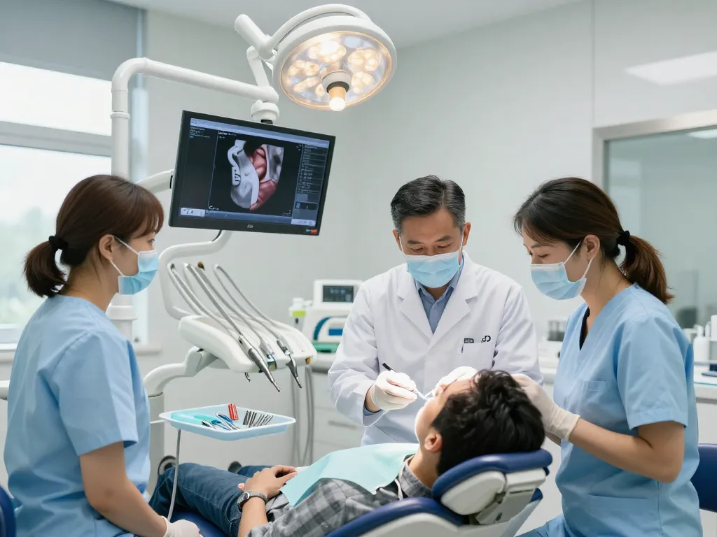 Dental equipment in action as professionals demonstrate advanced technology in a modern dental clinic.