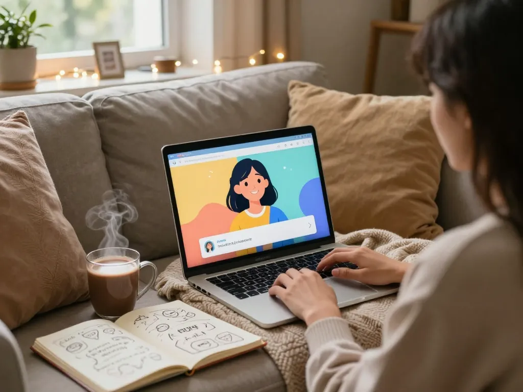 Engaging chat with AI GF on laptop surrounded by cozy décor, showcasing warmth and intimacy.