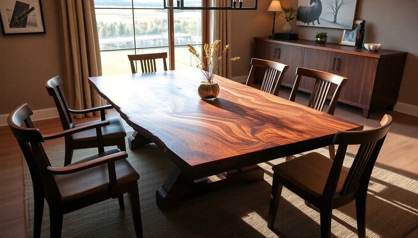 Custom dining table crafted from solid hardwood, featuring a live edge design in a warm walnut finish, surrounded by elegant chairs.