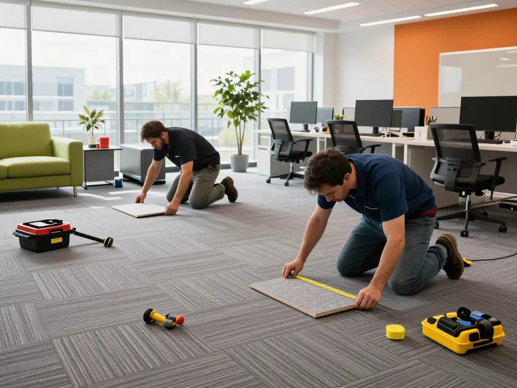 Commercial carpet installation by skilled technicians in a modern office environment, showcasing expertise and professionalism