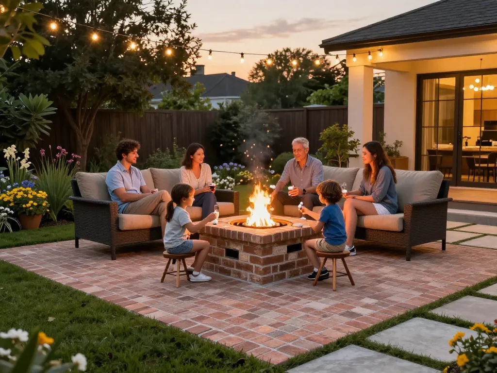 Family gathering around a fire pit made of brick pavers near me, enjoying a cozy outdoor evening.