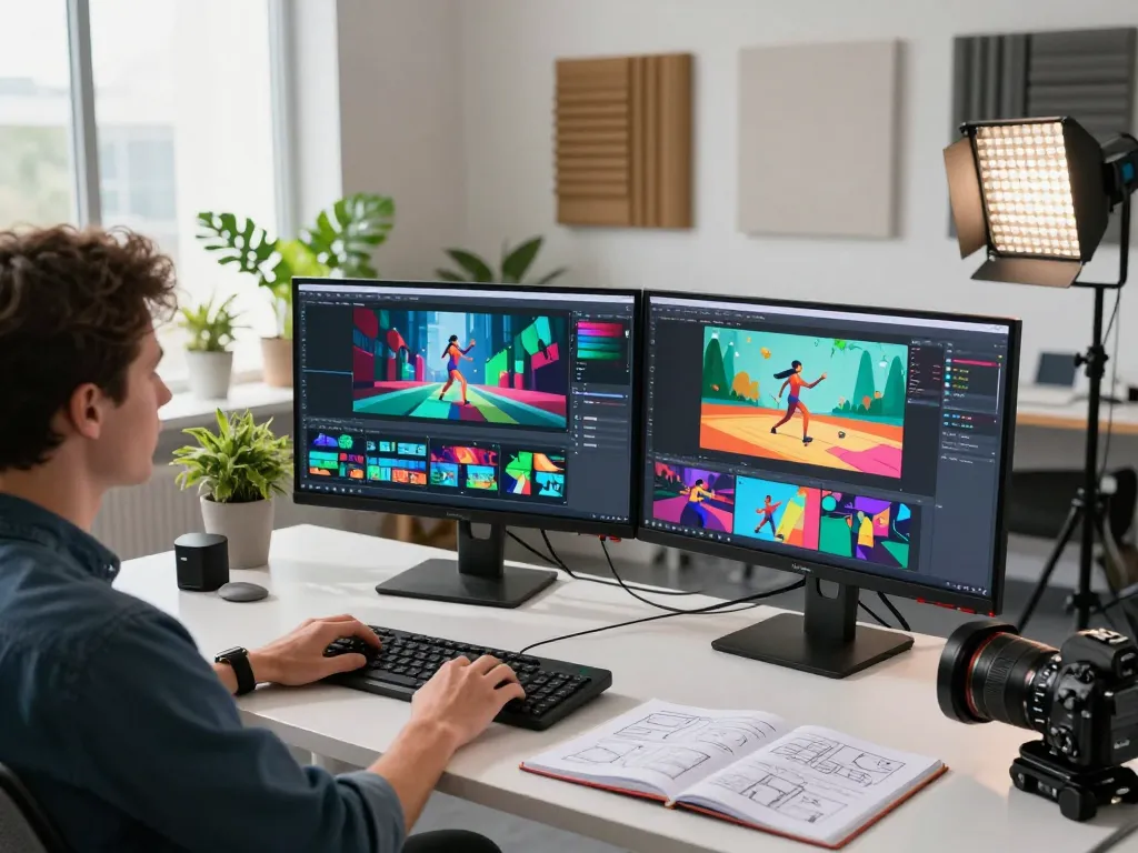 Creating cinematic videos with Kling motion ai in a modern studio.