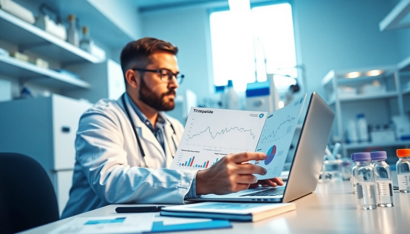 The medical researcher studies Tirzepatide data in a lab, highlighting innovation in healthcare.