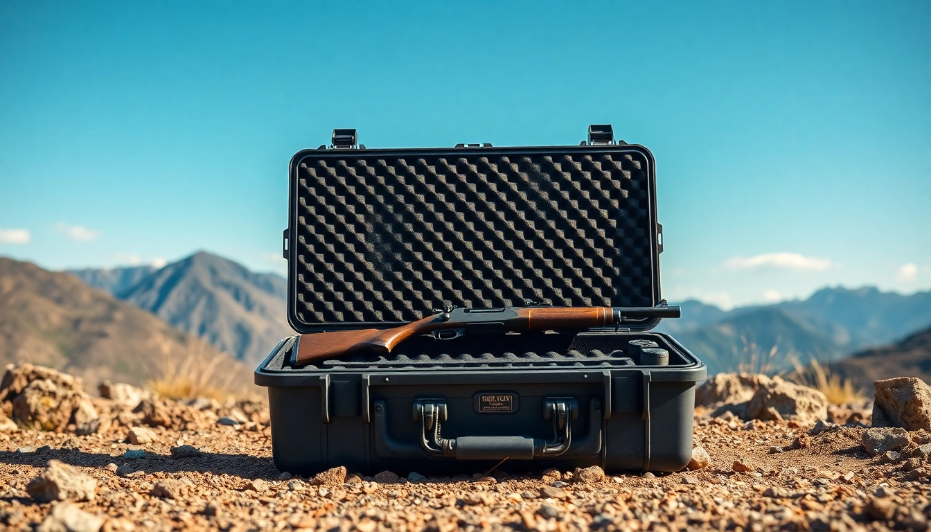 Pelican gun case for sale showcasing its durable design outdoors with rifles securely stored.