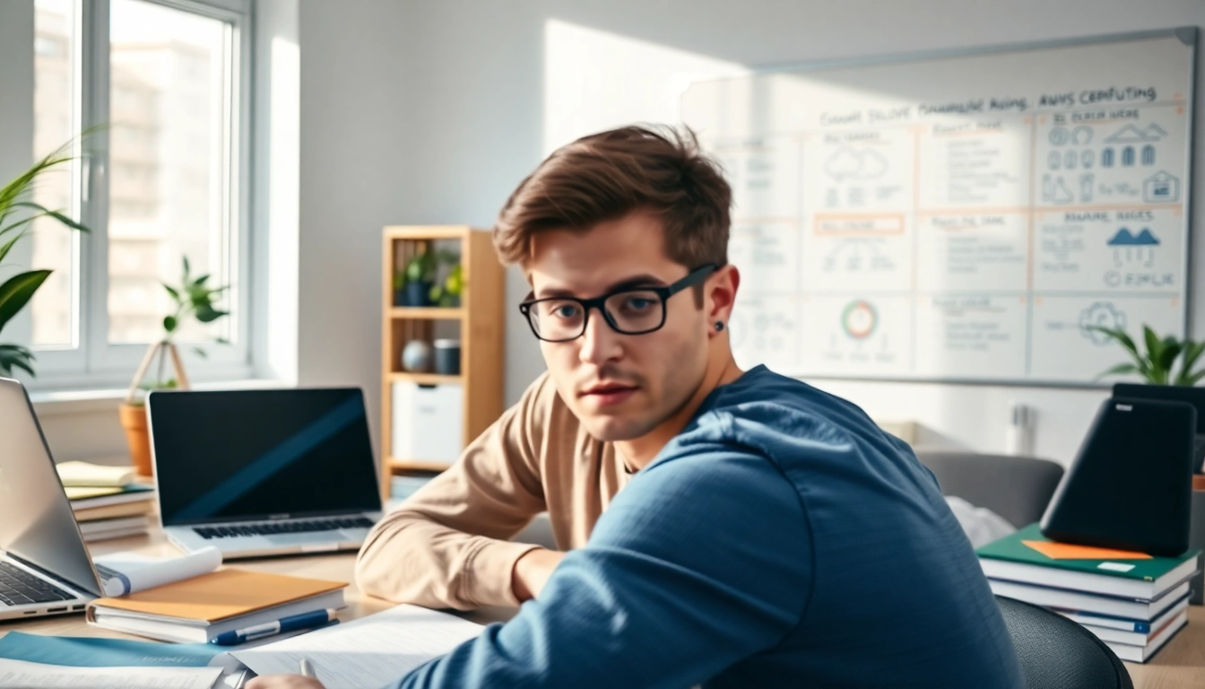 Motivated student studying for AWS exam help in a bright, organized environment.