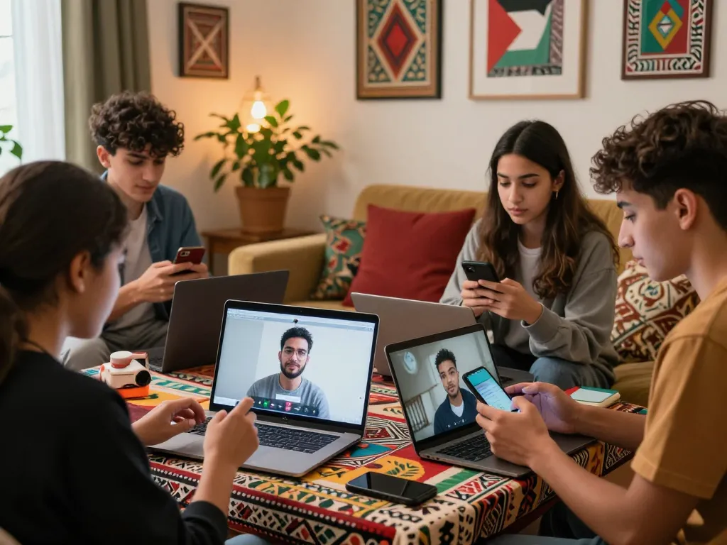 Engaging شات فلسطين online chat session among Palestinian youth in a cozy living room setting.