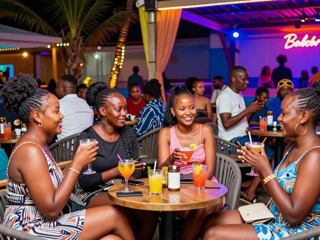 Bamburi escorts services showcased in a lively lounge scene with stylish individuals enjoying cocktails.