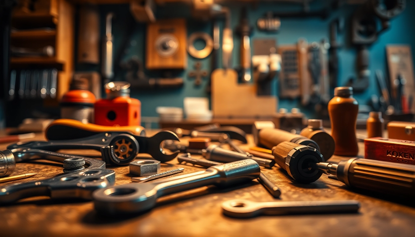 Koken tools expertly arranged on a workbench, showcasing craftsmanship and precision in action.
