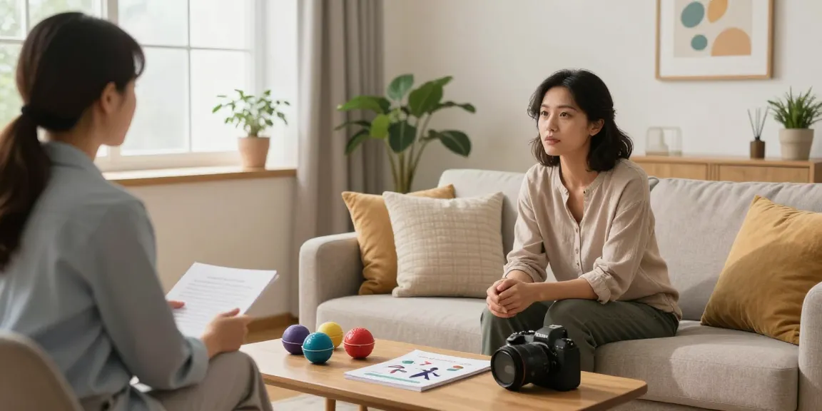 Therapist discussing 抑鬱症 in a calming office setting with supportive decor and warm lighting.