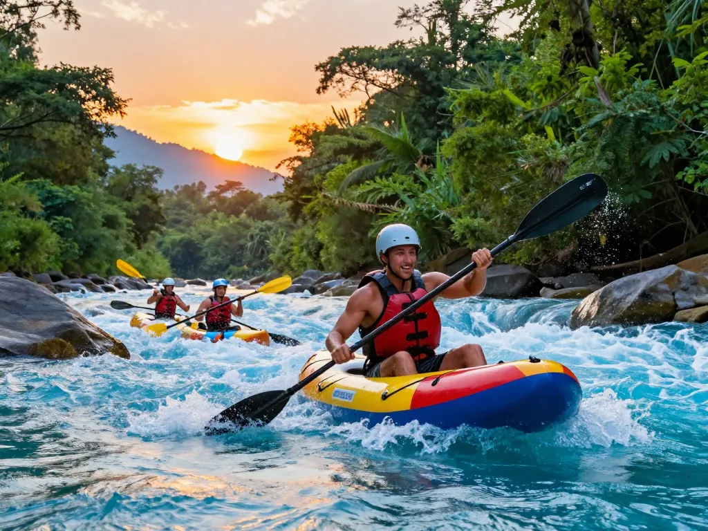 Dandeli resorts offering exciting rafting experiences on the Kali River, showcasing a vibrant adventure scene with lush greenery.