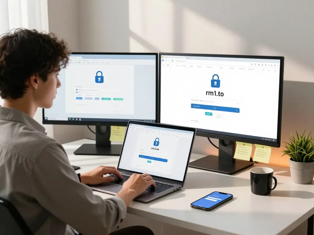 Logging into rm1.to login, a user accesses their dashboard in a modern tech workspace.