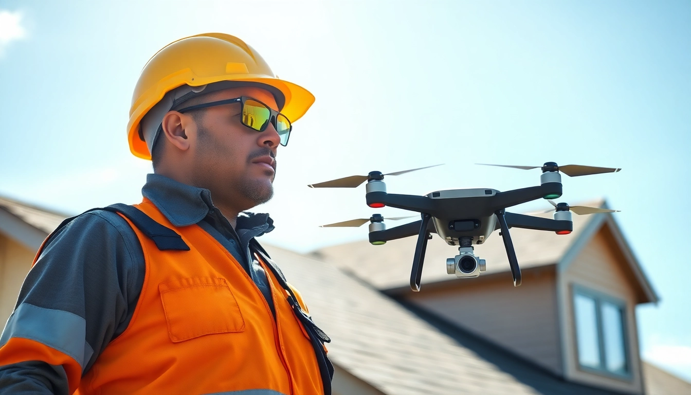 Roofing contractor inspecting a roof with advanced tech tools under a clear blue sky.