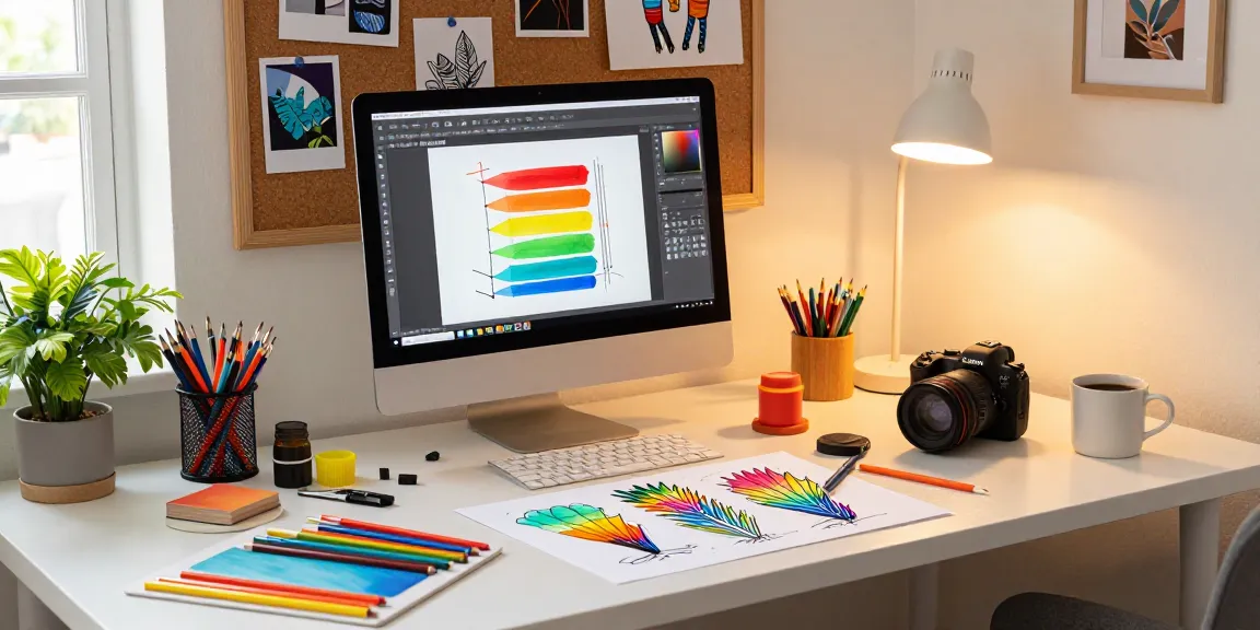 Innovative designer creating acrylic standee designs at a colorful workspace filled with art supplies.