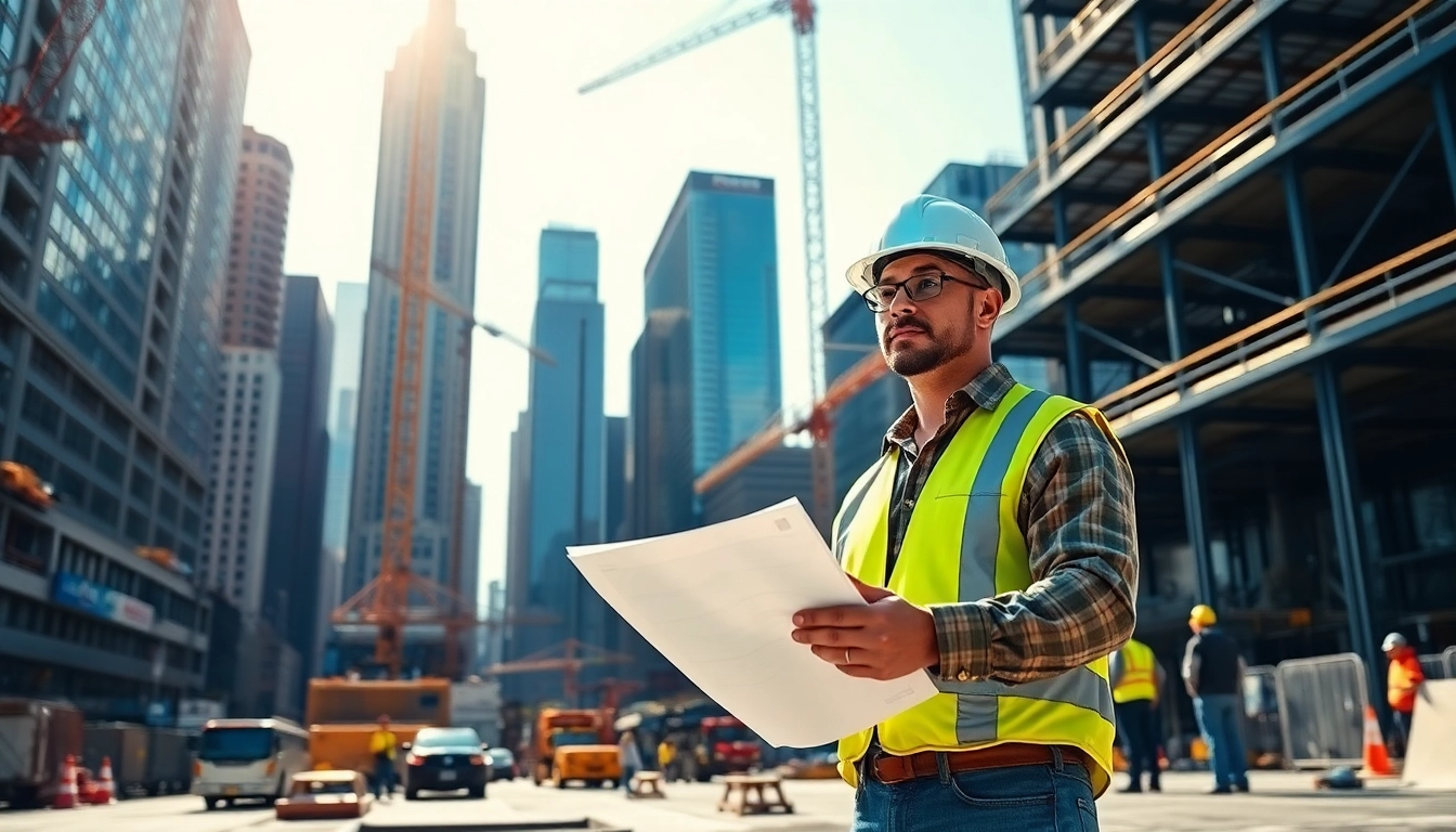 Manhattan Commercial General Contractor overseeing construction with urban skyline backdrop.