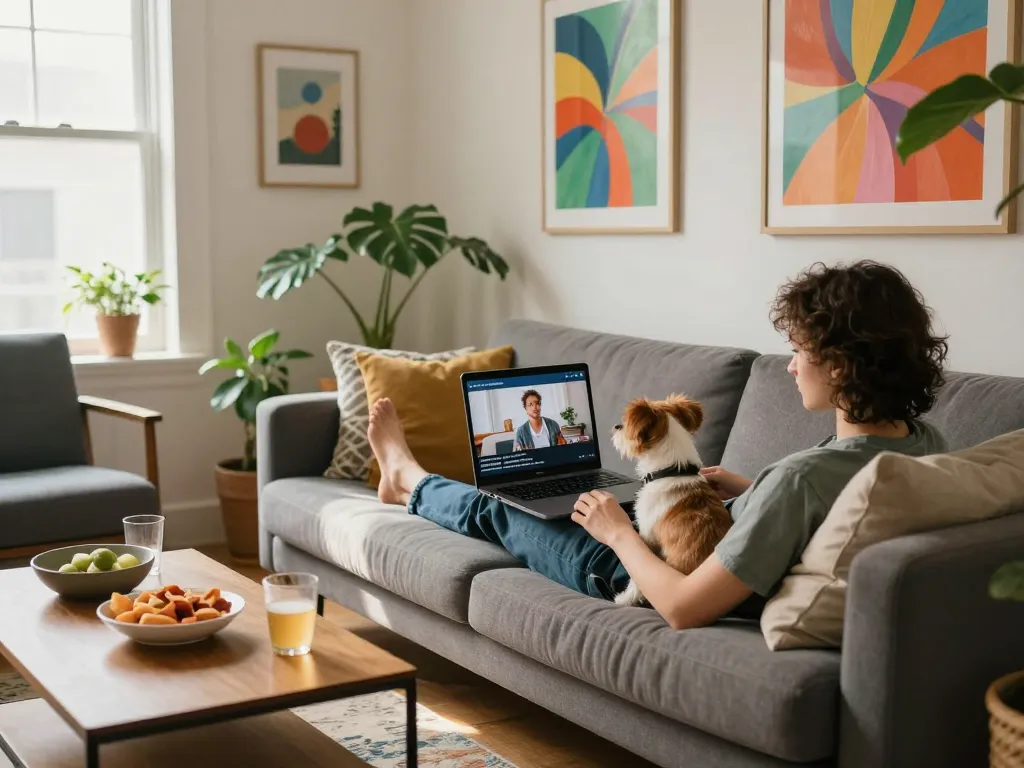 Person enjoying NSFW content on laptop in a cozy living room setting.
