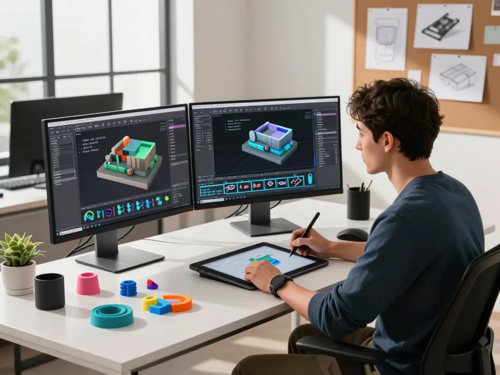 3D designer using text to 3D technology in a modern workspace.