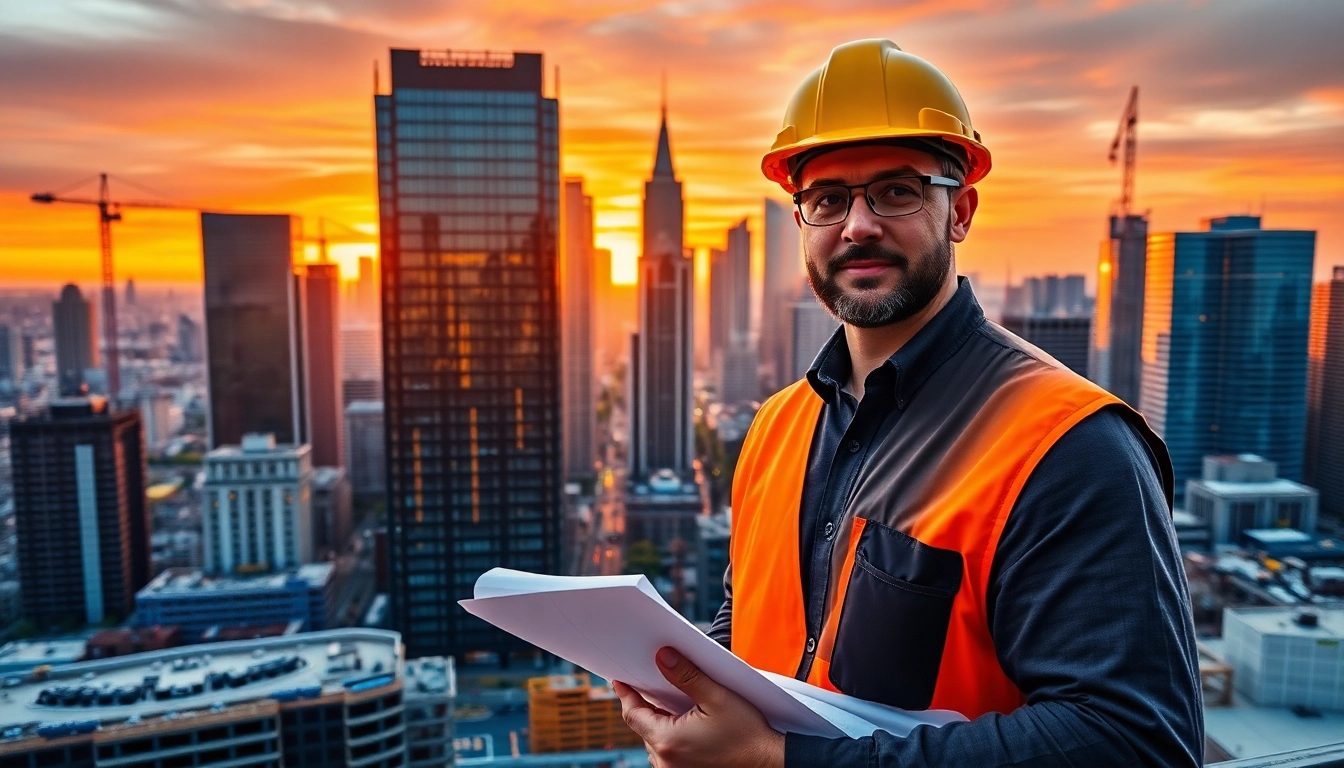 Manhattan Commercial General Contractor reviewing blueprints against a city skyline backdrop.