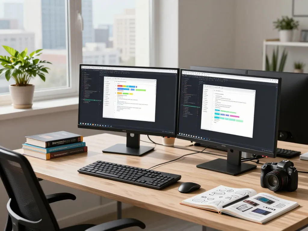 Efficient workspace illustrating a developer coding with WPS 下载 applications on dual monitors in a bright office.