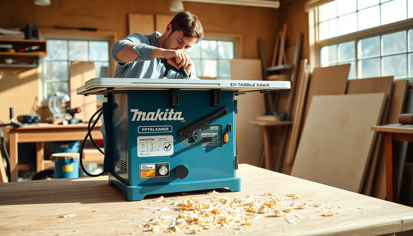 A craftsman operates a makita table saw, showcasing precision cutting with blue accents in a bright workshop.