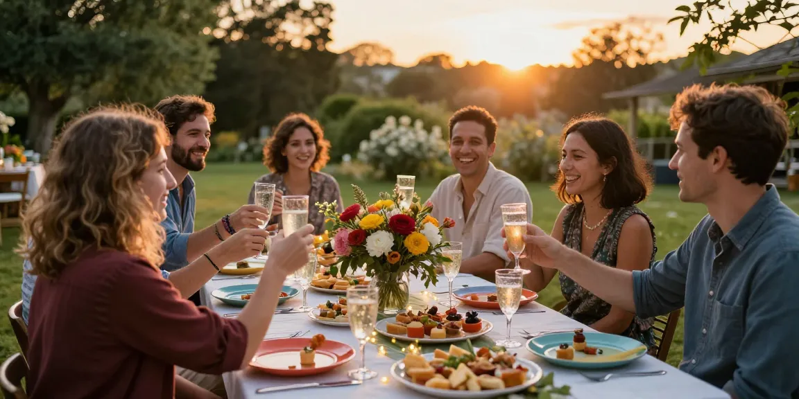 Friends celebrating at a beautifully decorated outdoor table, showcasing entertaining blogs in a vibrant sunset atmosphere.