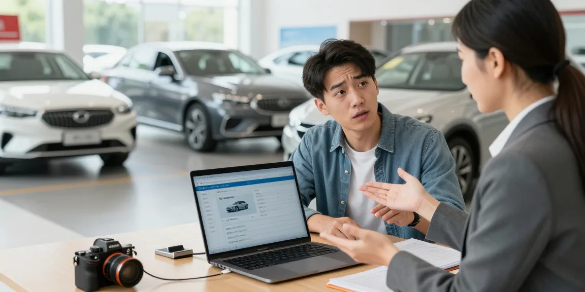 The best car history check UK displayed on a laptop with a satisfied car buyer and advisor in a modern showroom.