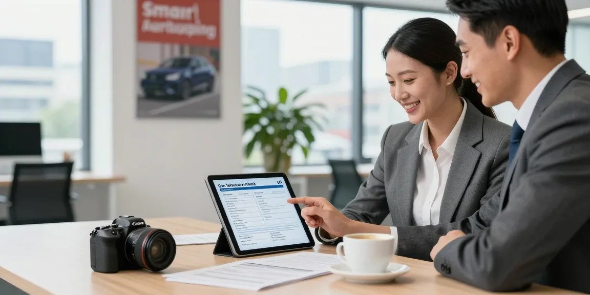 Happy car buyer reviewing the best car history check UK report in a modern office.