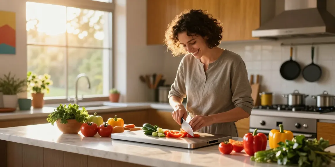 Cooking on a titanium cutting board with fresh vegetables in a bright kitchen.