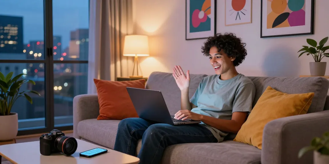 Engaging in a sexting AI chat in a vibrant urban living room with cozy decor.