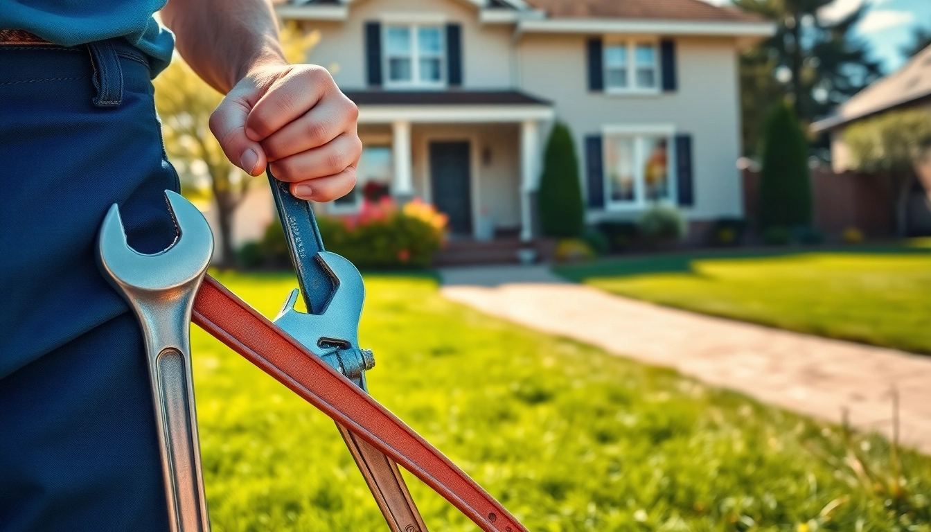 Find a reliable plumber near me showing professional tools in a sunny residential setting.