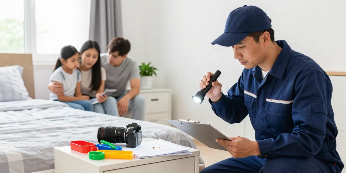 bed bug exterminators conducting an inspection in a bright bedroom, ensuring effective treatment solutions