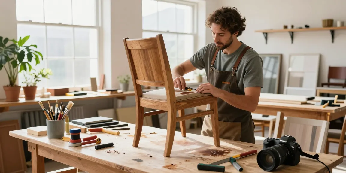 Technician using furniture repair software in a bright studio, surrounded by tools and restoration projects.
