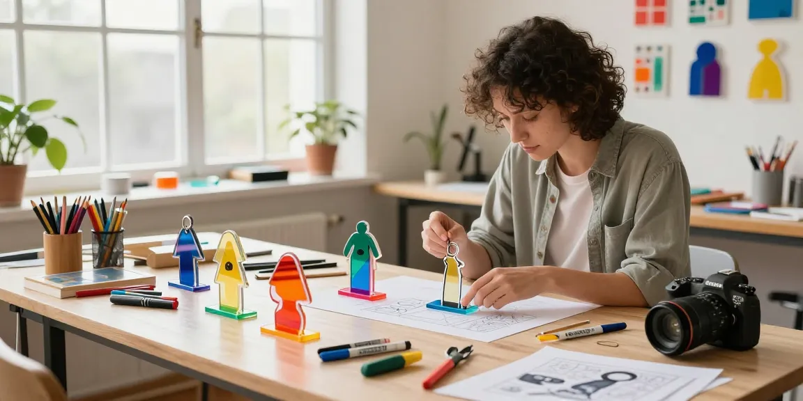 Custom acrylic stand arrangements showcased in a vibrant creative workspace