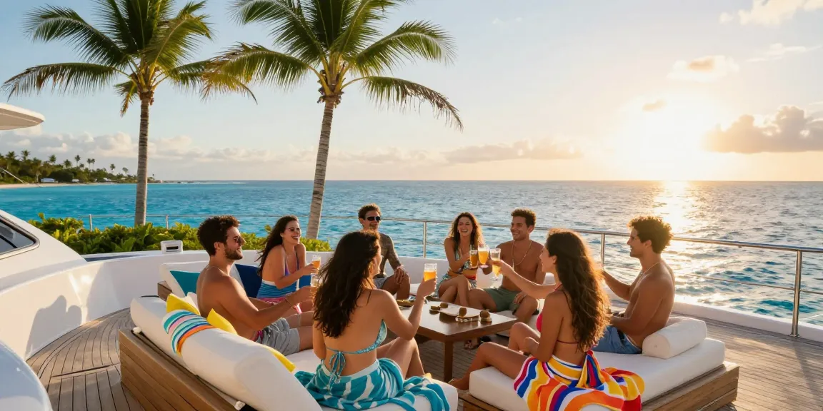 Group enjoying a yacht charter Punta Cana experience at sunrise with ocean view