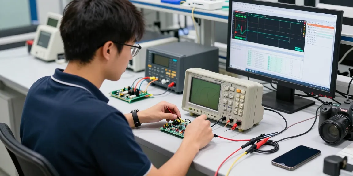 Technician using the Oscilloscope multimeter for precise electronics testing at a modern workstation.