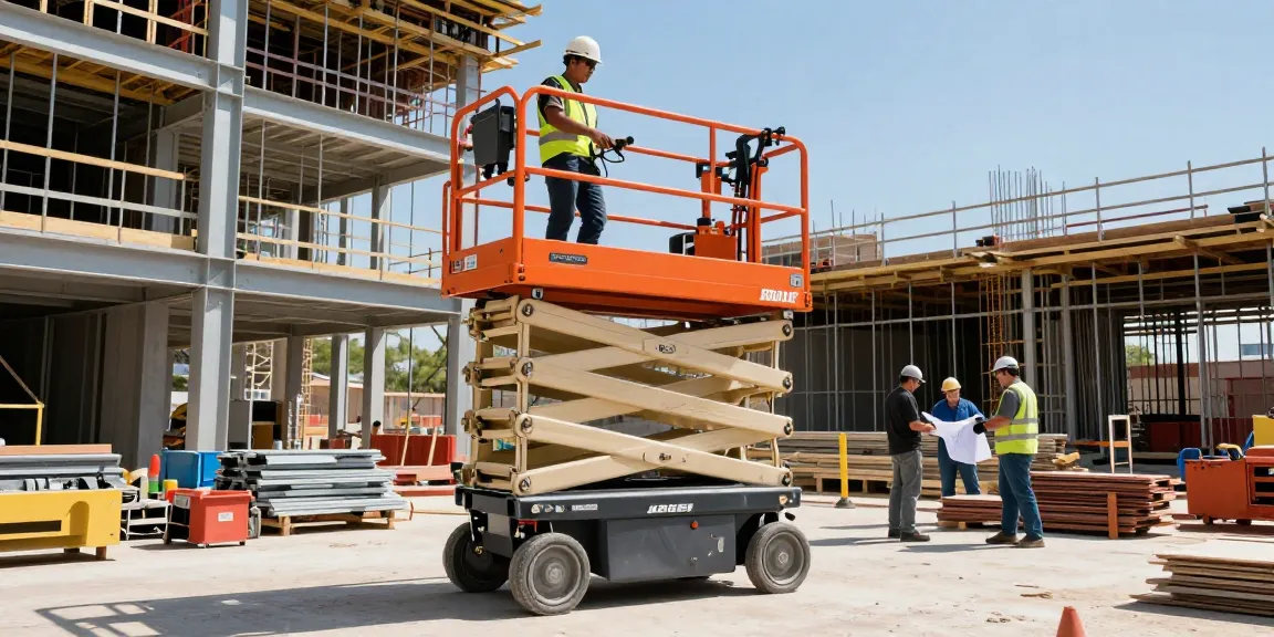 The best electric scissor lift in Dallas elevating a professional on a busy construction site, showcasing advanced features and safety.